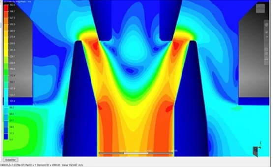 Simulación ilustrativa del flujo de fluido dentro de una válvula
